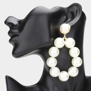 Oversized Chunky Cream Ball Pearl Hoop Dangle Earrings 3.25" Beaded Big Teardrop